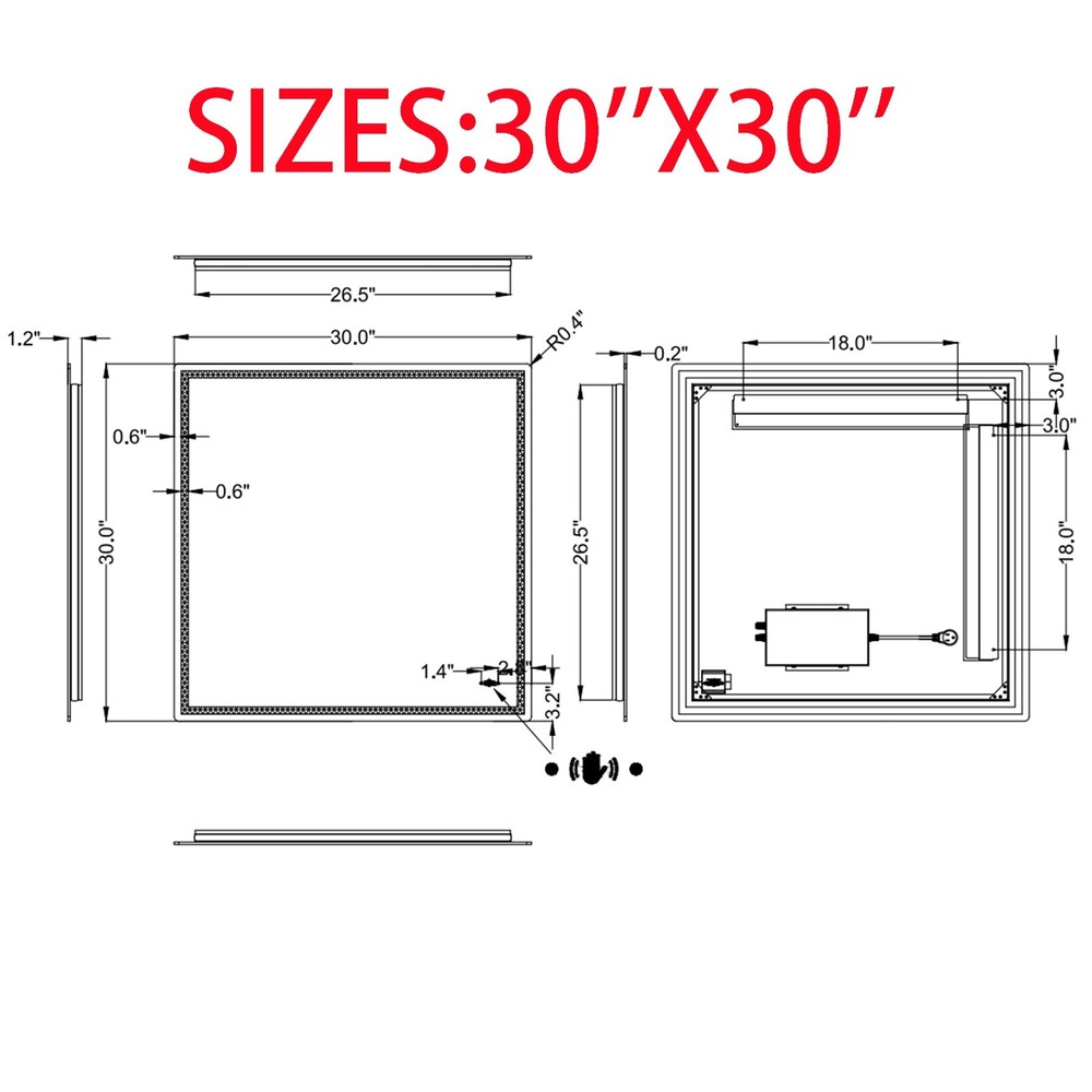 30'' x 30'' Led Bathroom Mirror Gesture Control Wall Mounted Frameless Lighted