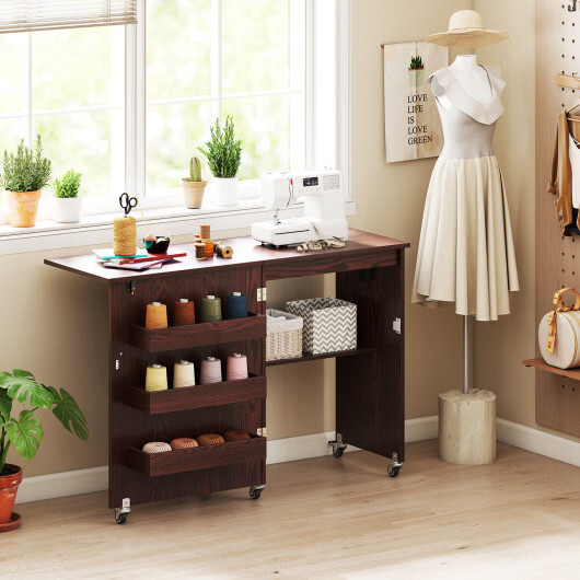Sewing Machine Table with Charging Station and Lockable Casters-Brown - Color: B
