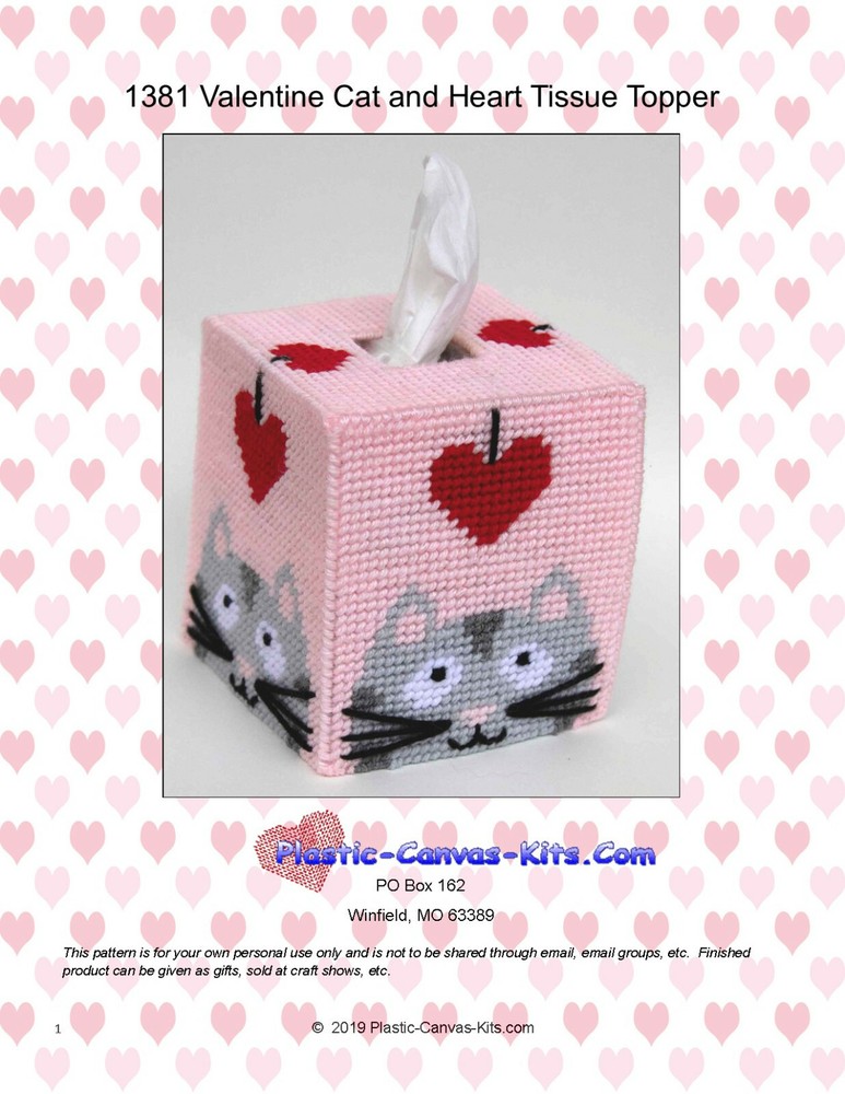 Valentine's Day Cat and Heart Tissue Topper- Plastic Canvas Pattern or Kit