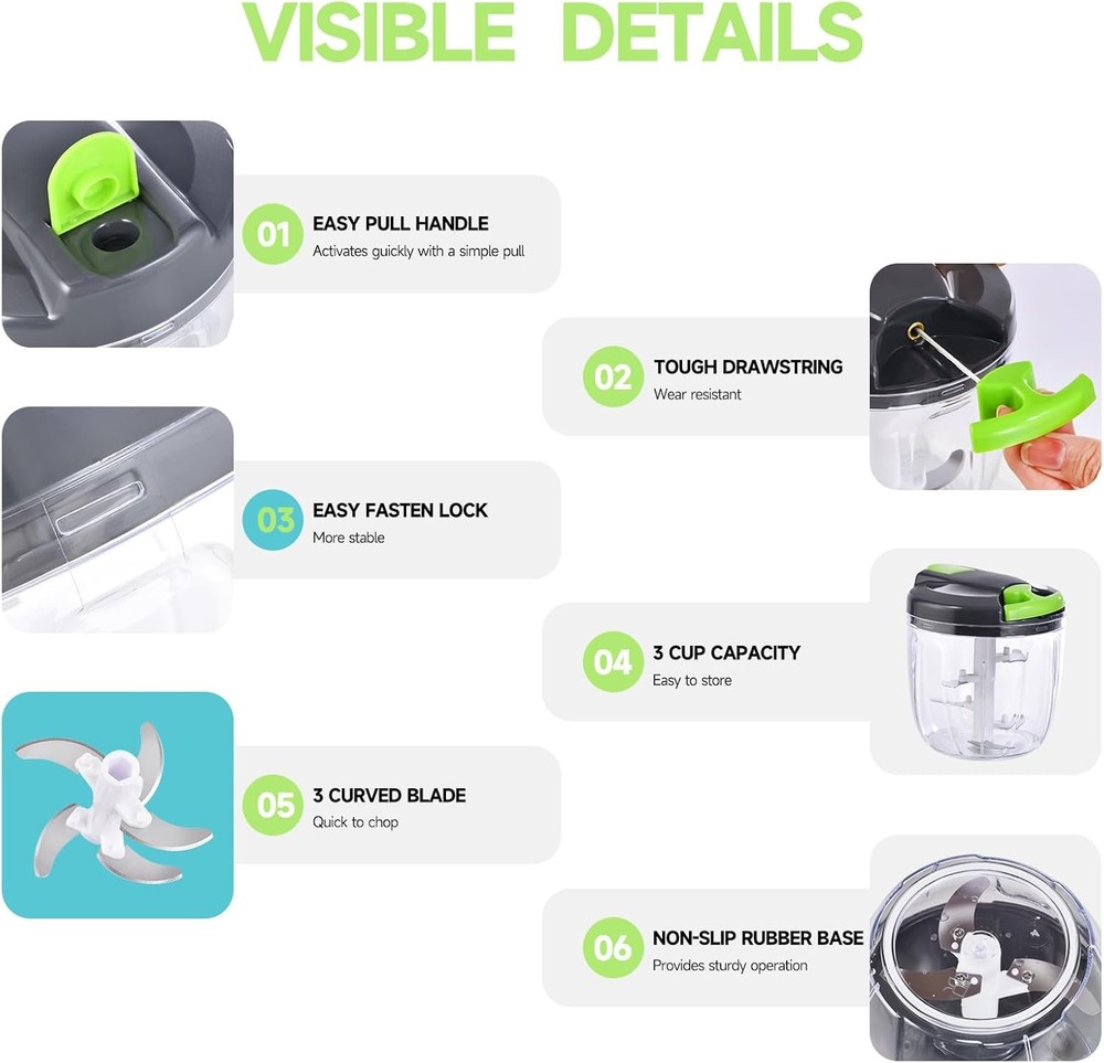 Manual Food Processor Vegetable Chopper, Portable Hand Pull String Garlic Mincer