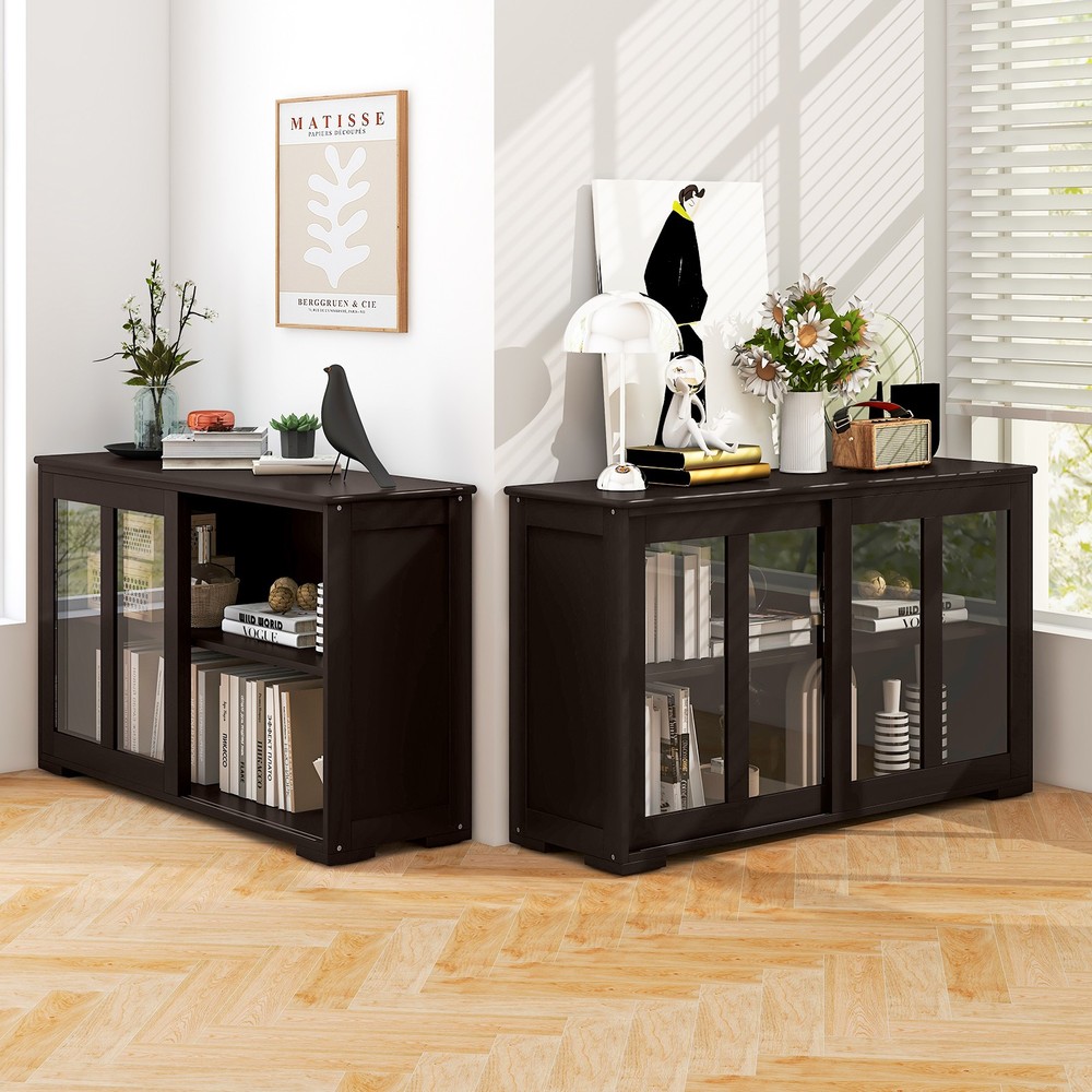 2PCS 2-Door Stackable Buffet Sideboard w/Sliding Tempered Glass Doors Brown