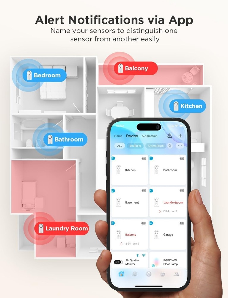 Smart Water Leak Sensor Set - 3 Pack with Adjustable 100dB Alarm Notifications