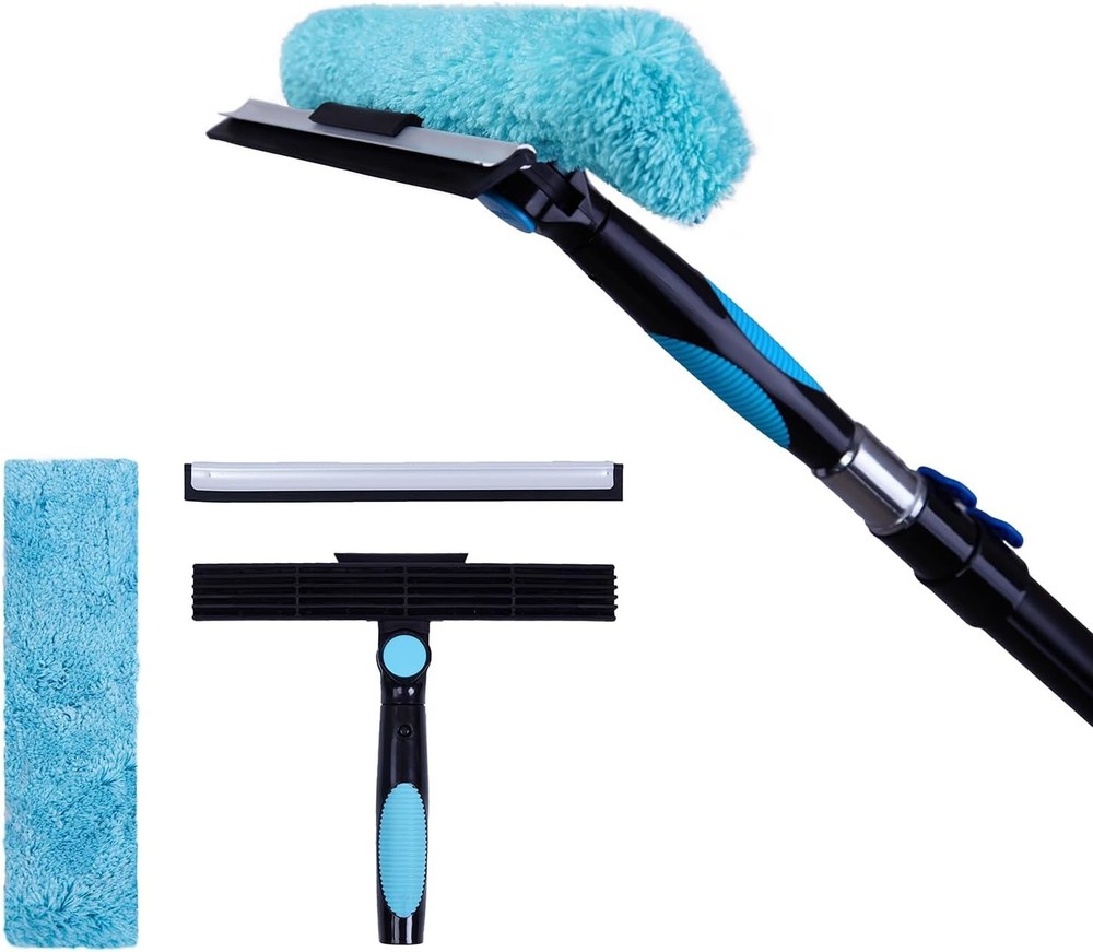 11" Window Squeegee and Microfiber Scrubber 2-in-1 Combo Cleaning Tools Blue