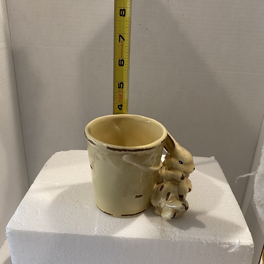 Rustic Yellow Bunny Rabbit on Pail Ceramic Small Planter
