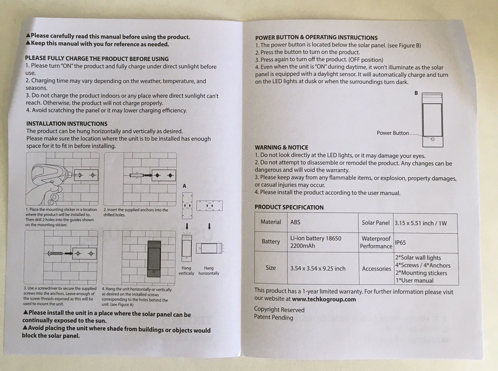 Techko Solar Wall Lights SSL305 Dual Direction & 304 Single Direction Black