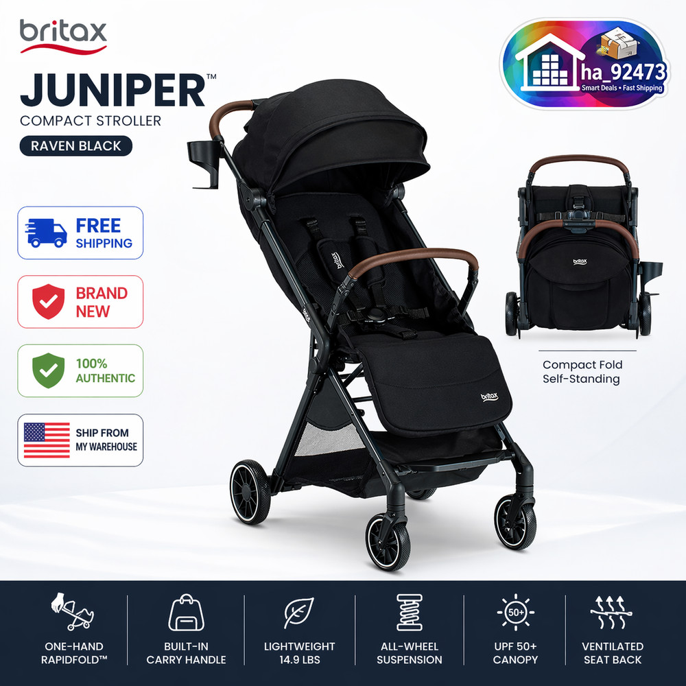 New Britax Juniper Compact Stroller FastPack RapidFold Cup Holder Raven Black