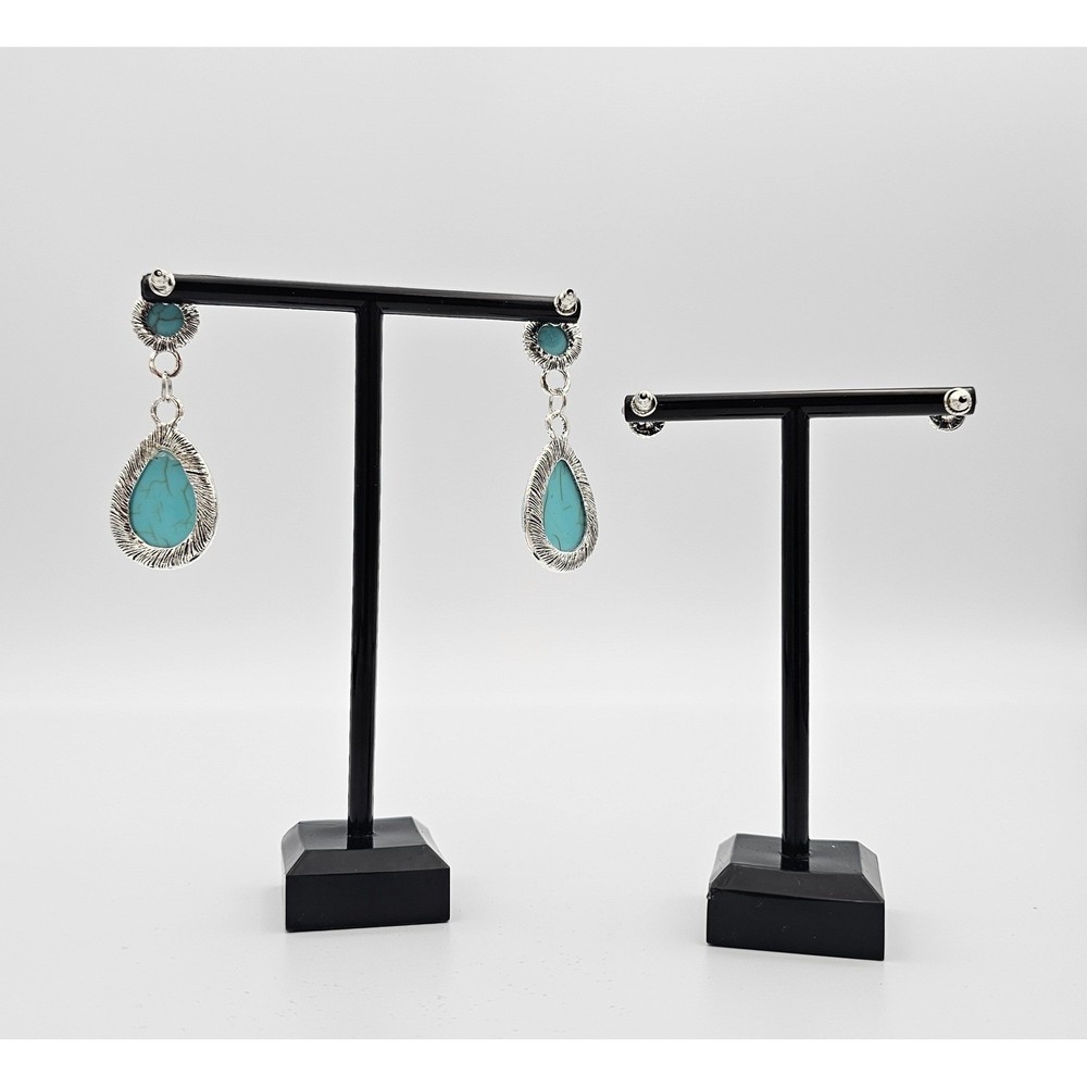 SILVER TONE TURQUOISE TEARDROP DANGLE & STUD EARRING SET Boho Western Pair