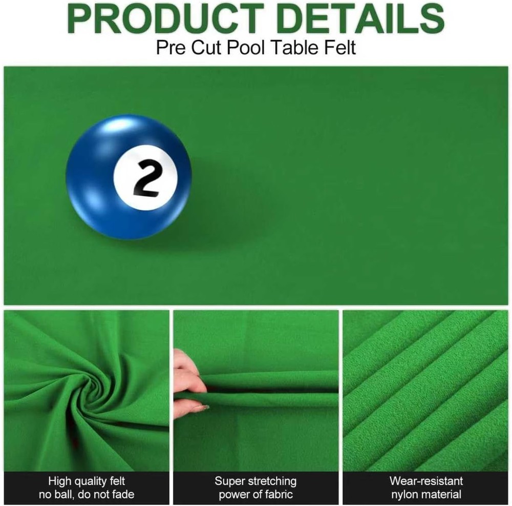 Pre-Cut Pool Table Felt Replacement Kit - 8Ft Billiard Cloth W/Gloves, Strips &