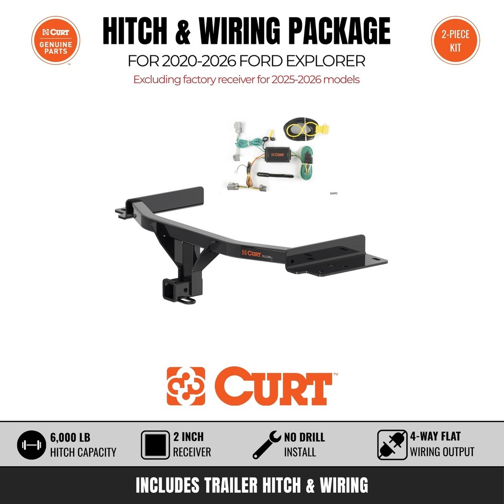 Curt Class 3 Trailer Hitch & Wiring Harness Bundle for 20-26 Ford Explorer