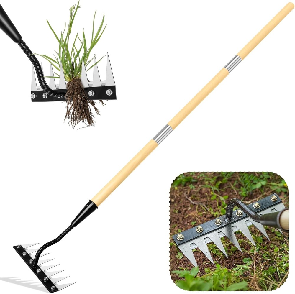 Iron Weeding Rake with Handle 2.0, Upgraded 8 Teeths Garden Weed Puller Tool Hea