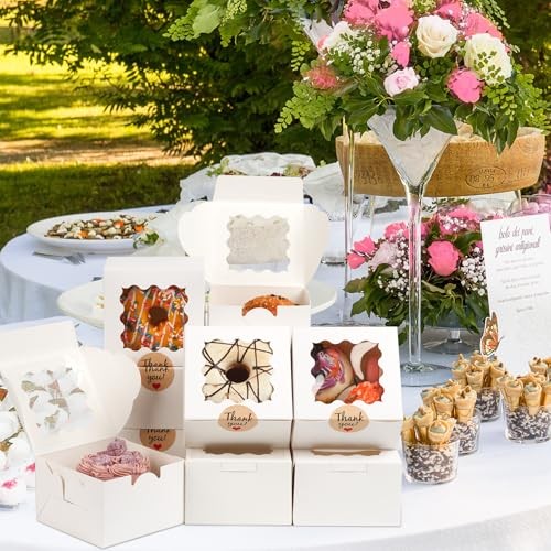 26pcs White Cookie Boxes with Window, 4x4x2.5 Inches Small Bakery Boxes with