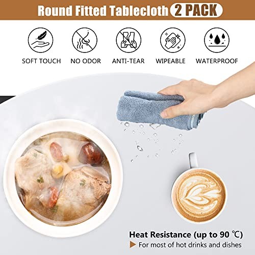Round Fitted Tablecloth 2 Pack, Reversible Fit Table up 32"-36" Diameter White