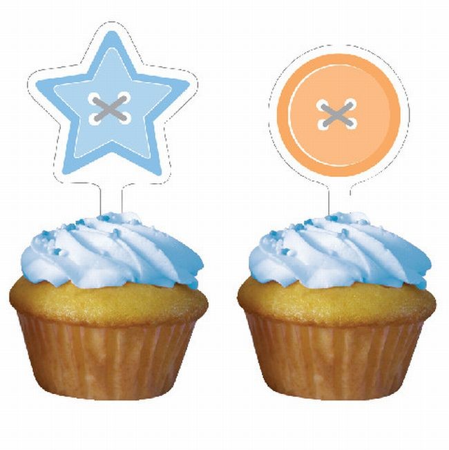 Cute As A Button Boy Cupcake Topper Picks 12 Per Pack 3.5" x 2" Plastic Decor