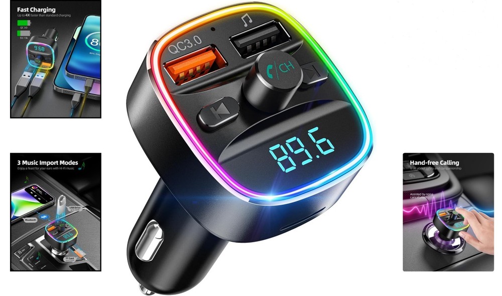 Multi-Functional Bluetooth FM Transmitter & Dual USB Charger with Lights - Black