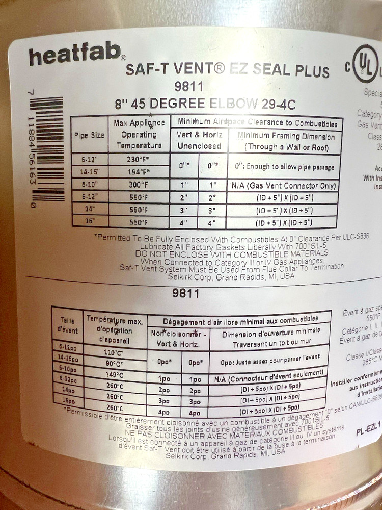 Heat-Fab 8" Saf-T Vent EZ Seal 45 Degree Elbow 29-4c 9811 Stainless Steel NEW