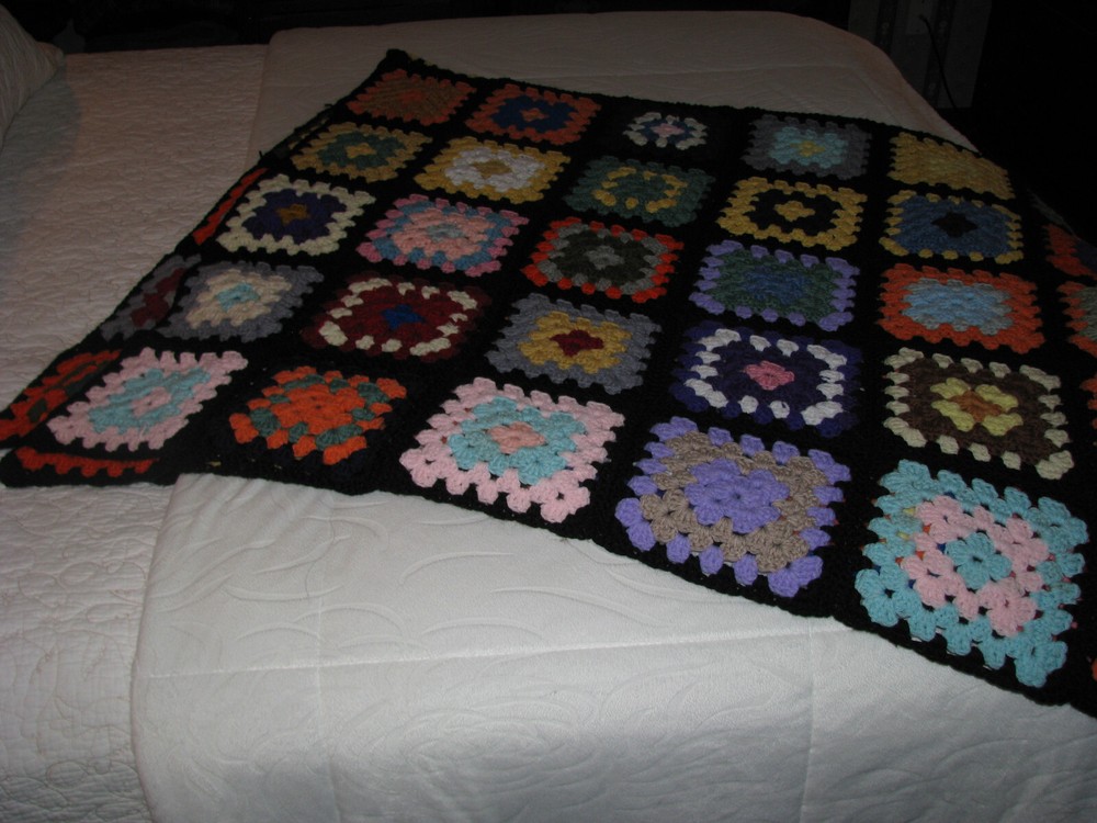 Handmade  Crocheted Afghan/Blanket Multicolor & Black Trim Edging