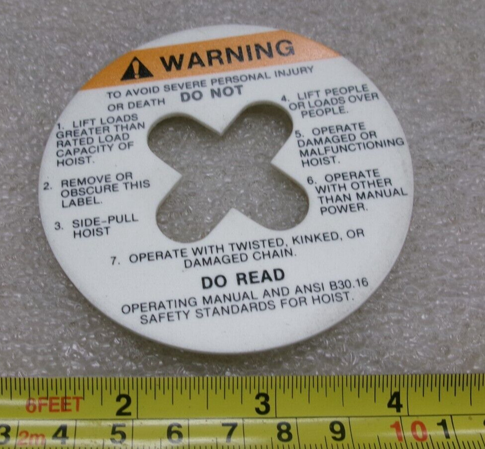 COFFING HOISTS 687-K-2 WARNING LABEL FOR Models: CB 2 - CB5 #252HH