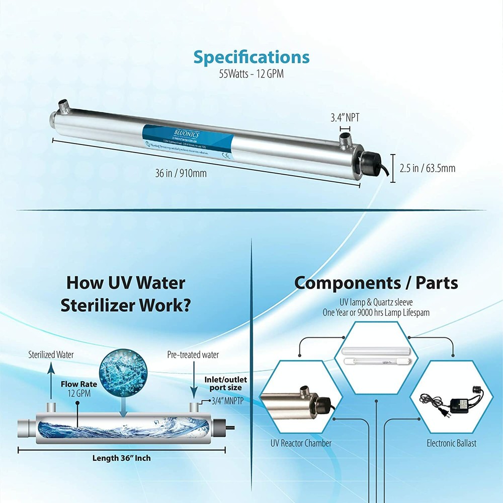 12GPM UV Water Purifier Whole House Sterilizer System + 2 Replacement Bulbs