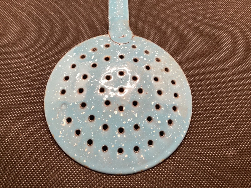 Vintage light Blue white Speckled Enamelware / Graniteware Strainer Ladle