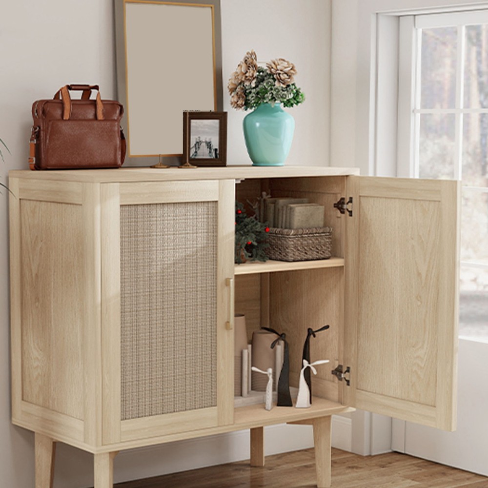 Buffet Cabinet With Rattan Decor Doors Solid Wood Feet Multifunctional PHPF
