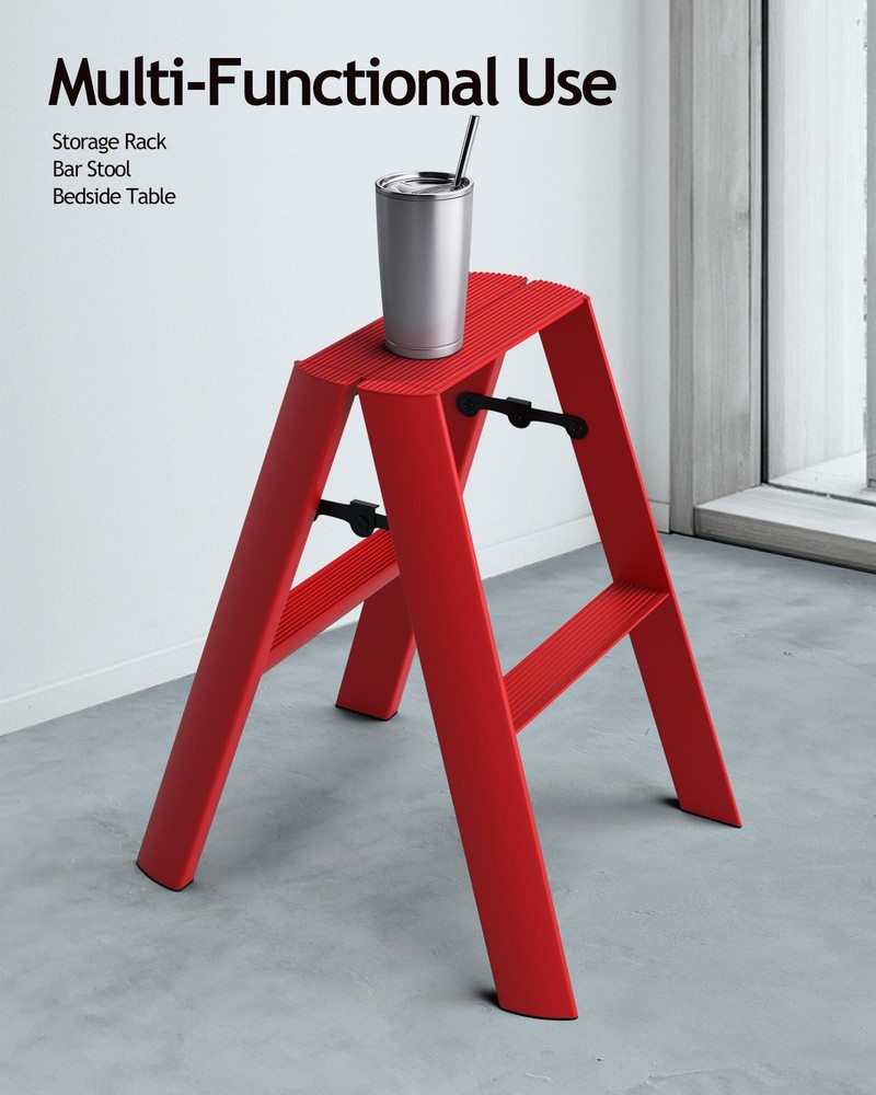 2 Step Stool, Aluminum Foldable Step Ladder, Lightweight Stable Stool with Non-S