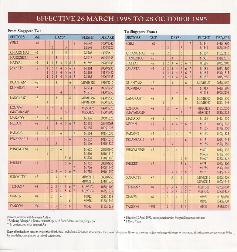 SilkAir timetable 1995/03/26