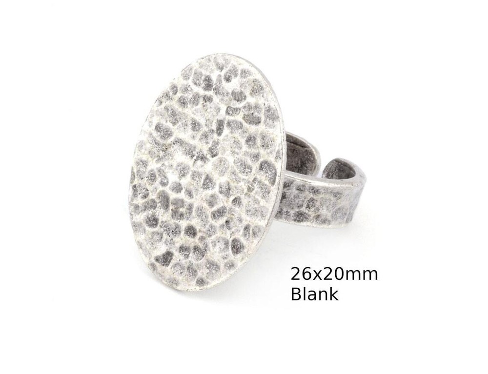 Oval Hammered Adjustable Ring Blank Bezel Base -Antique Silver Plated Brass 4936