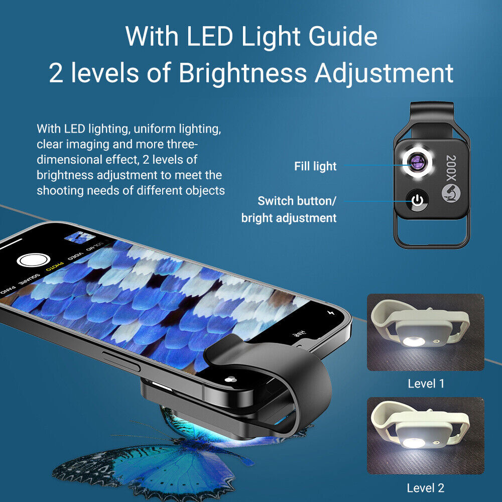 200X Microscope With CPL Lens Led Light Micro for iPhone Android Cell Phone US