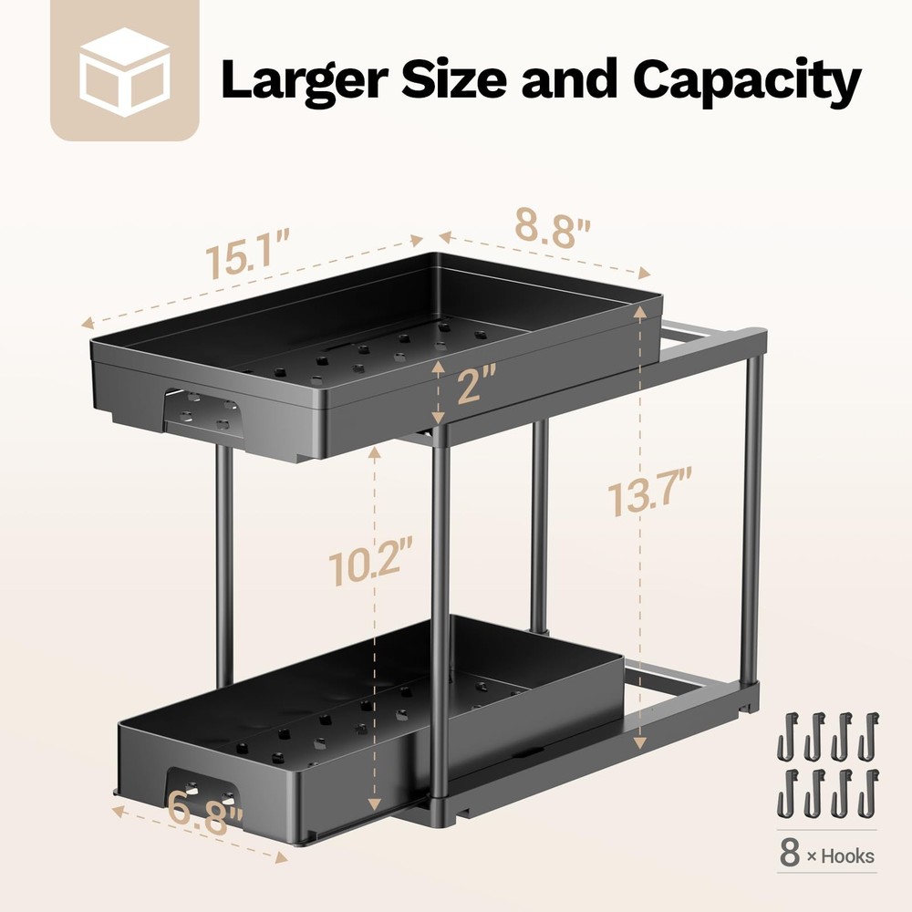 TidyLamu 2 Pack Double Sliding Under Sink Organizers 2 Tier Black