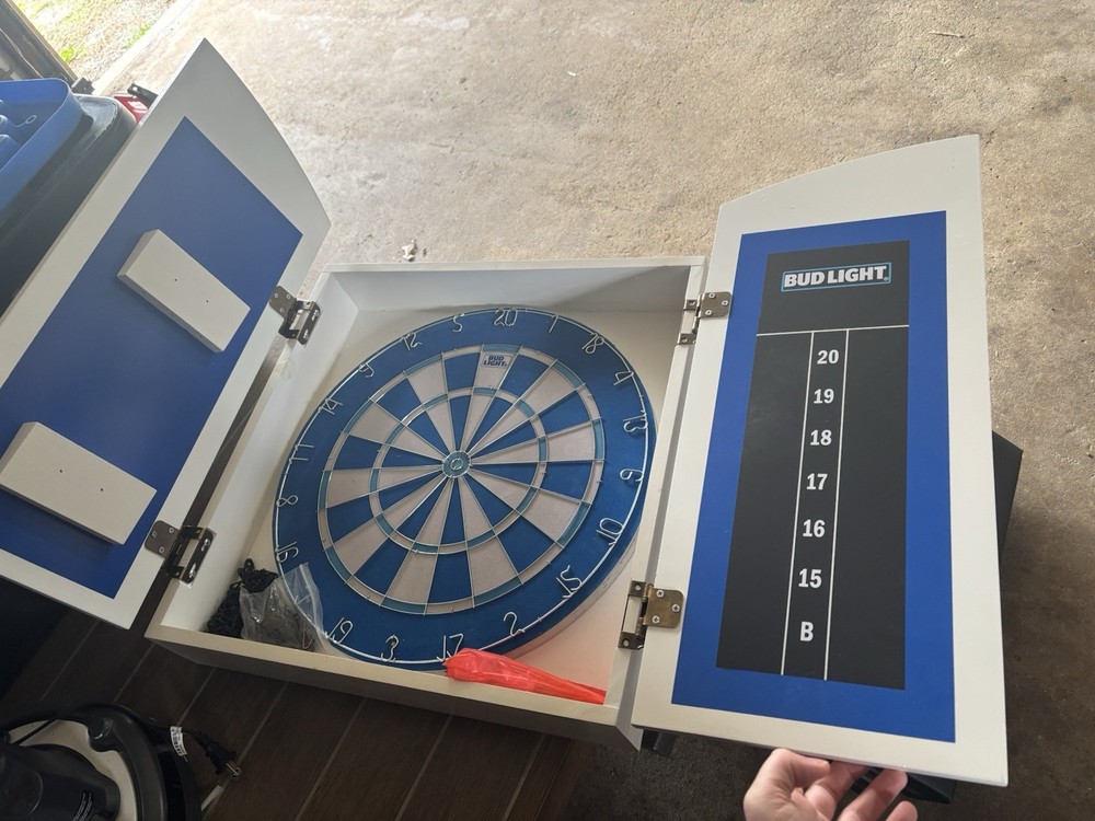 Bud Light Dart Board Cabinet Set Blue White