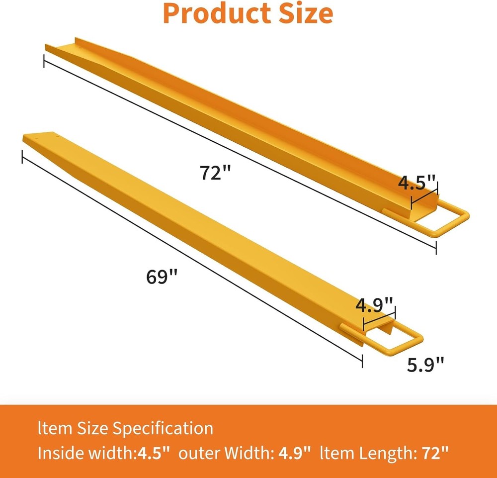 Forklift Extensions 72" Fork Extensions 4.5" Width Heavy Duty Steel Pallet Fork