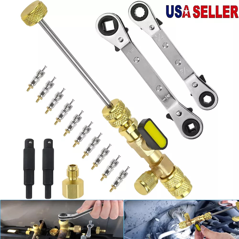 Valve Core Remover Installer Tool & HVAC Service Wrench Set with Hex Bit Adapter