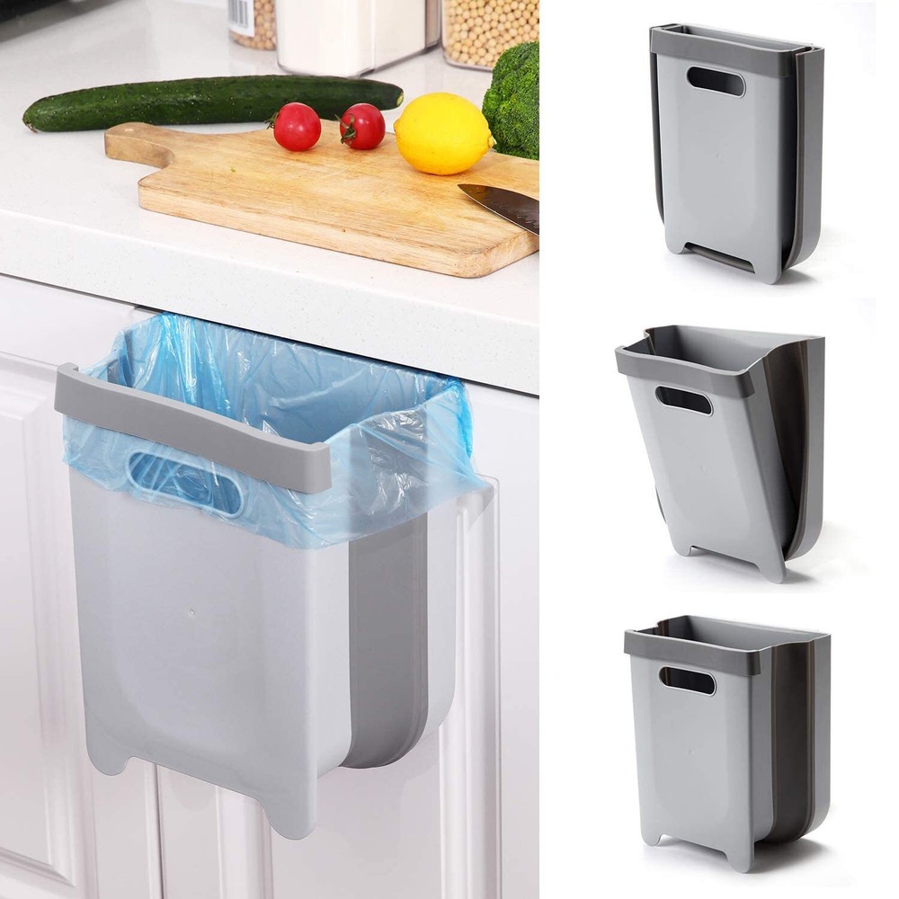 Hanging Collapsible Trash Can - 9L Wall Mounted Foldable Waste Bin for Kitche...