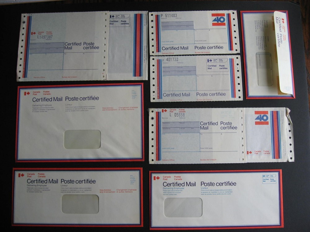 Canada Certified Mail forms, envelopes unused 8 different interesting group here