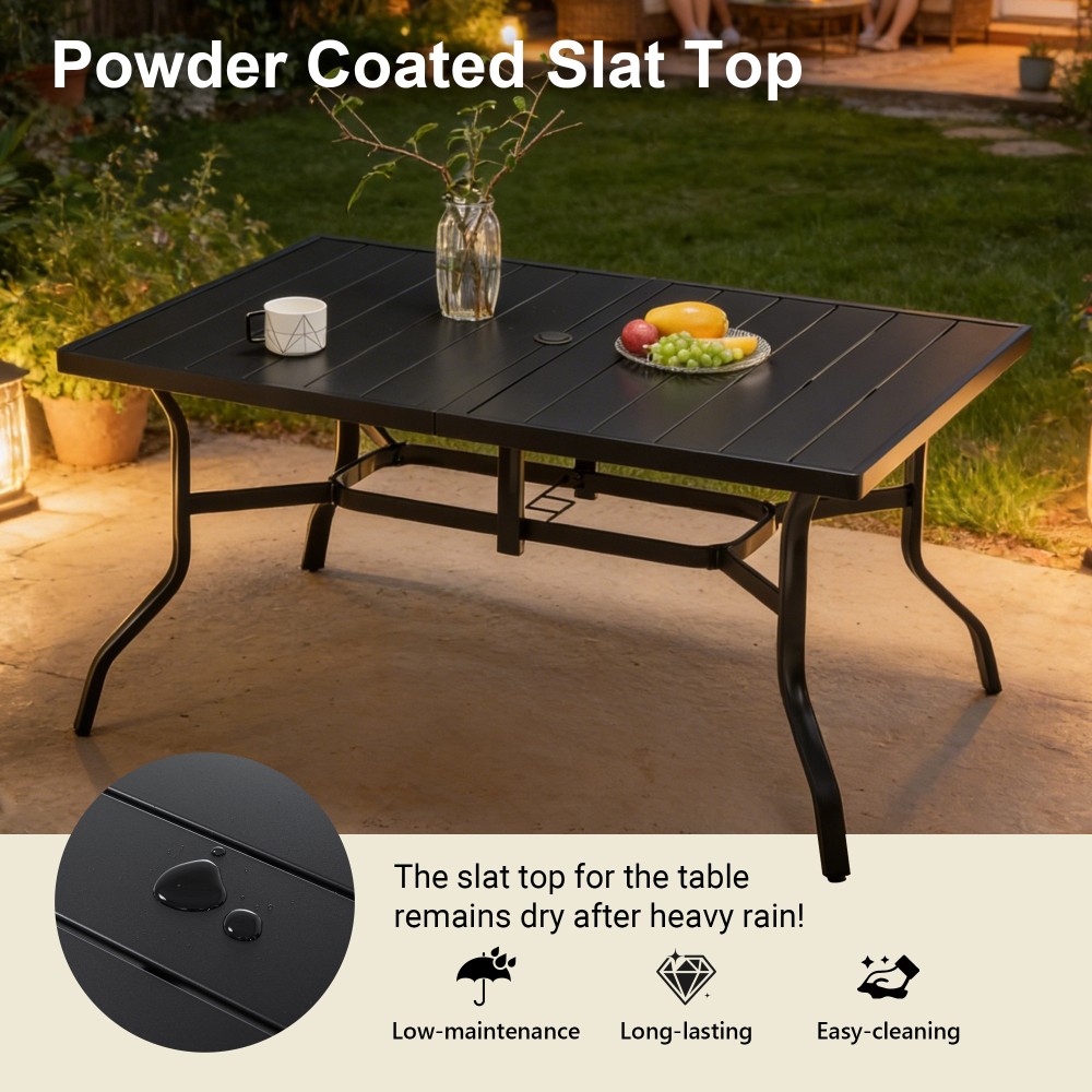 Rectangular Metal Patio Dining Table with Umbrella Hole Anti Slip Pads
