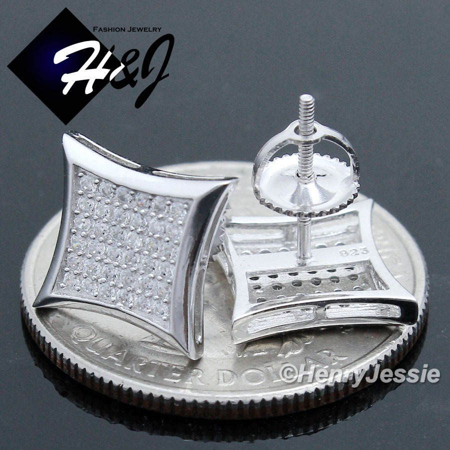 MEN 925 STERLING SILVER SQUARE 10MM ICY BLING CZ 3D SCREW BACK STUD EARRING*E97