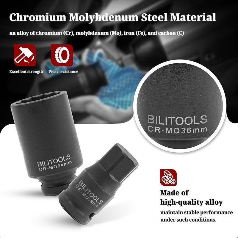 12 Point Axle Nut Socket Set 1/2" Drive Spindle Axle Nut Impact Deep Socket Set