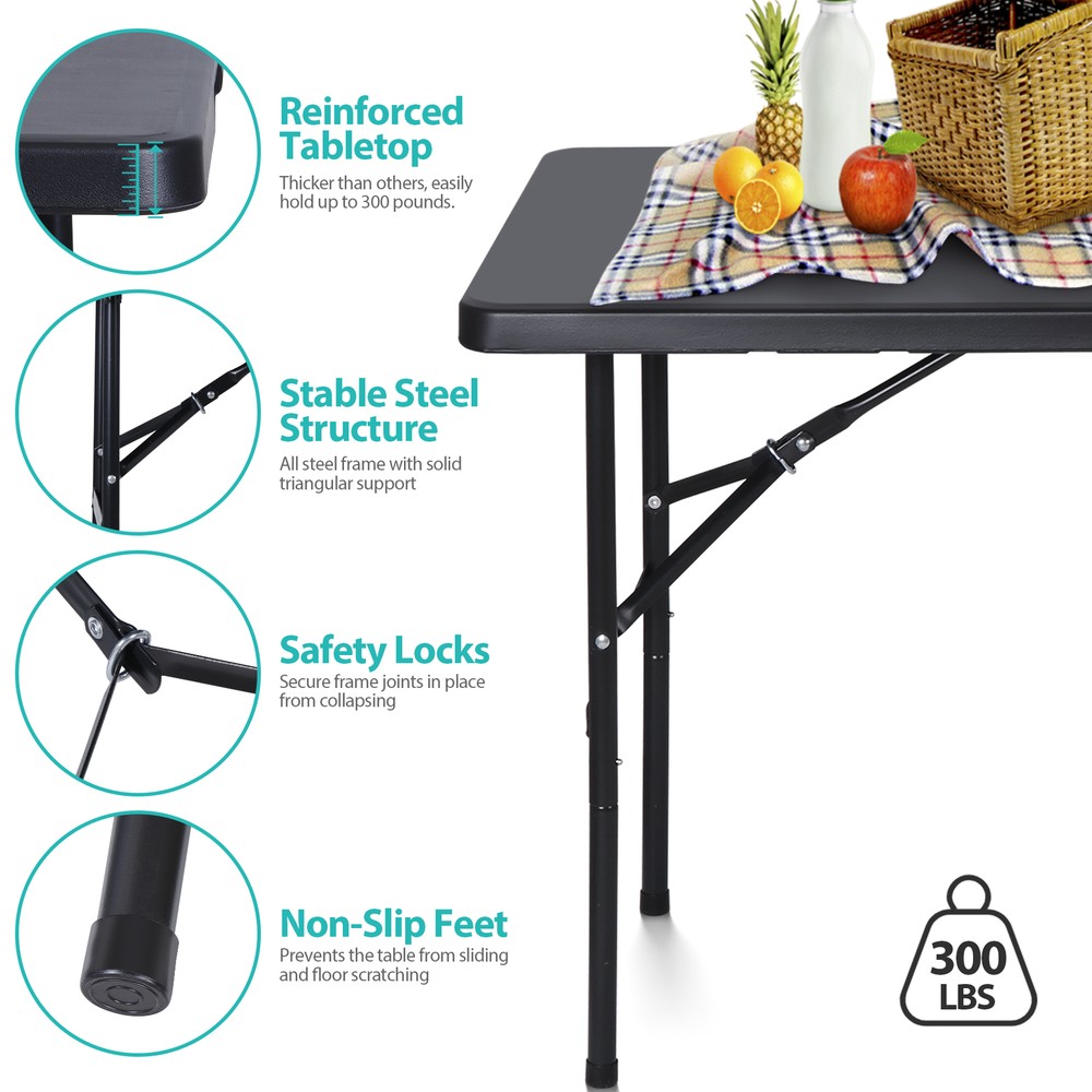 2PCS Folding Table 4FT Fold-in-Half Utility Dining Table for Camping w/ Handle