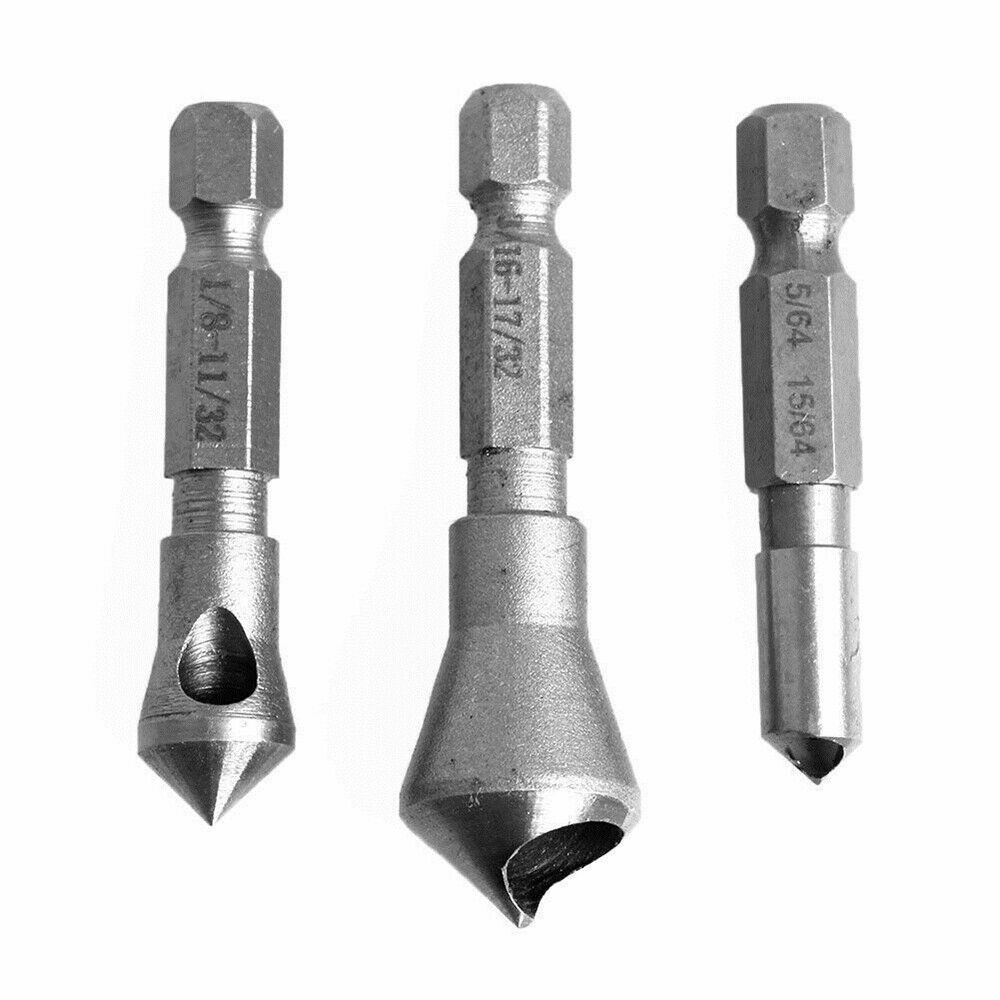 3Pcs Chamfer Countersink Deburring Drill Bits Set Kit Cutting Metal Wood Tool
