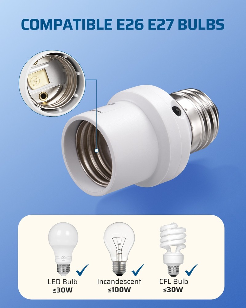 DEWENWILS Light Sensor Socket E26/E27 Socket Adapter for Incandescent/CFL/LED