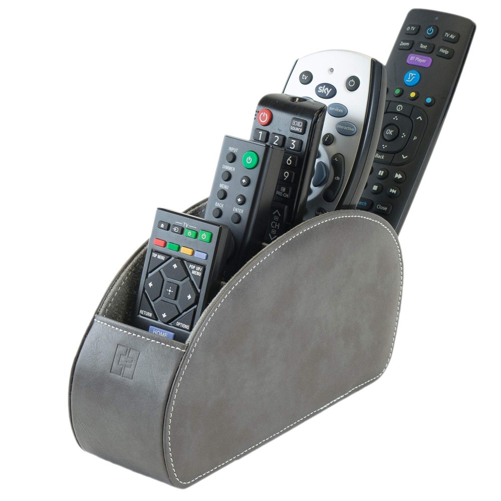 Remote Control Holder with 5 Compartments Grey PU Leather Office Organization