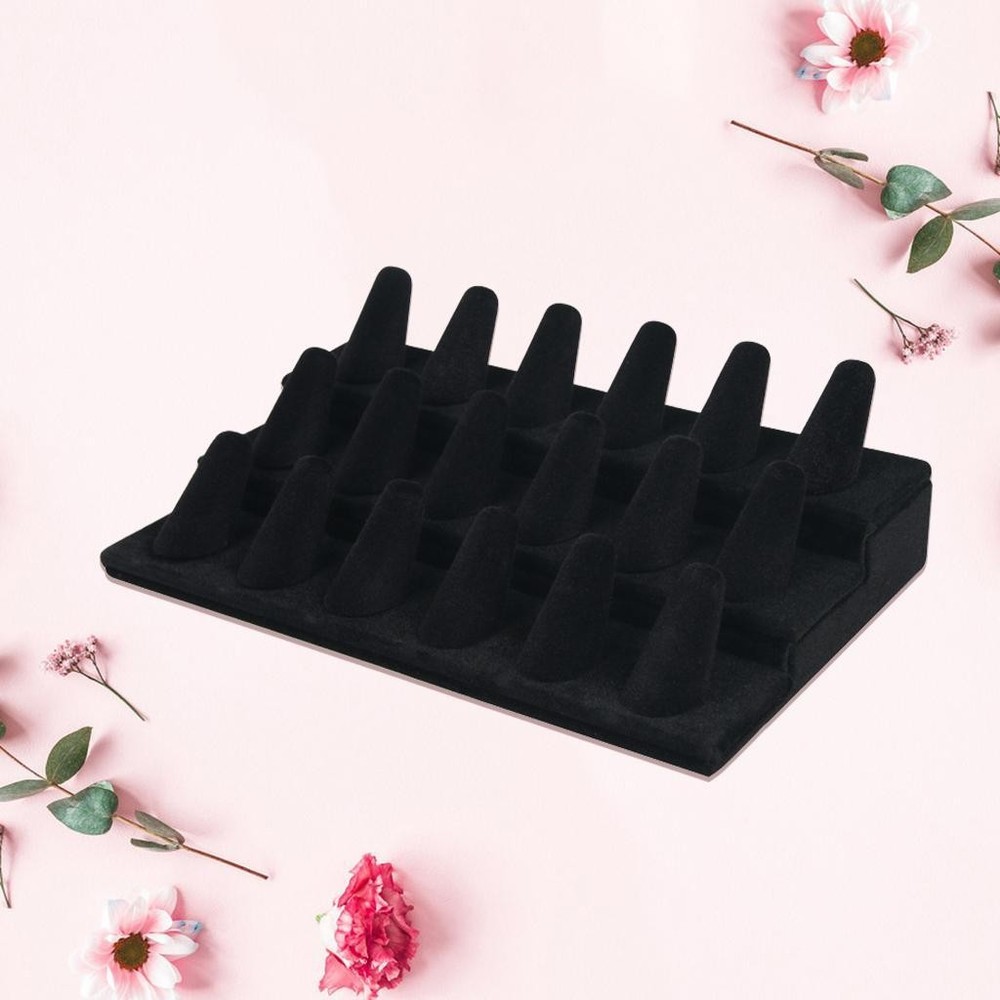 Solid Wood Velvet Cone Shape Finger Ring Display 18 Slots Counter A