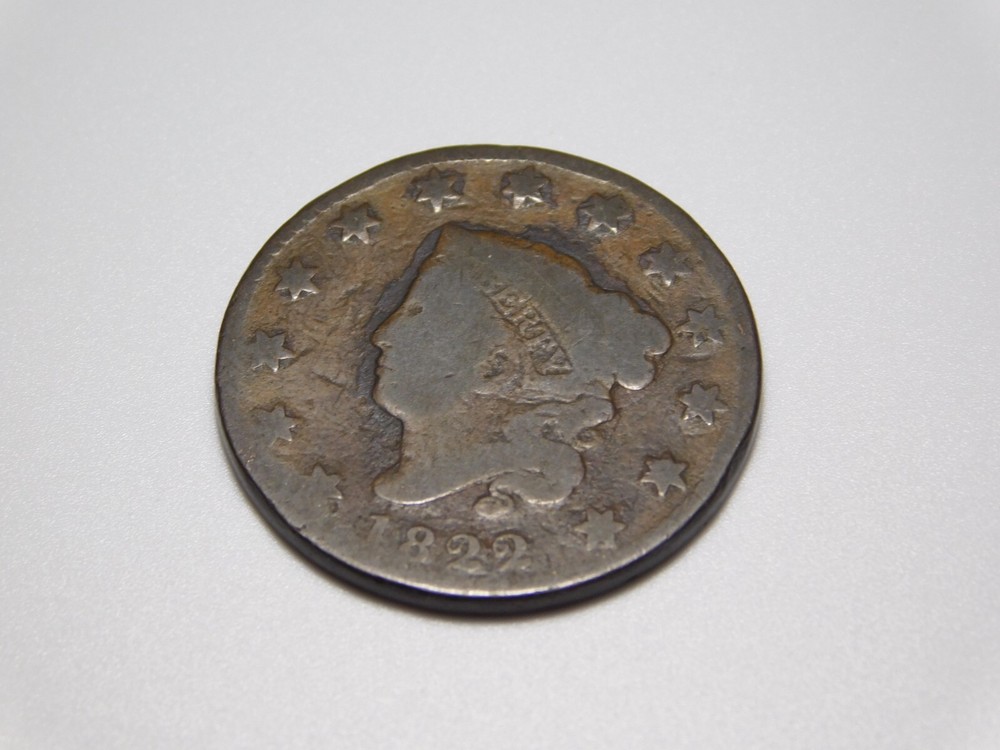 OLD US COPPER COINS 1822 CORONET HEAD LARGE CENT