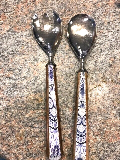 Salad Fork and Spoon. Tan Sides -Blue Pattern on Front and Back- Free Shipping