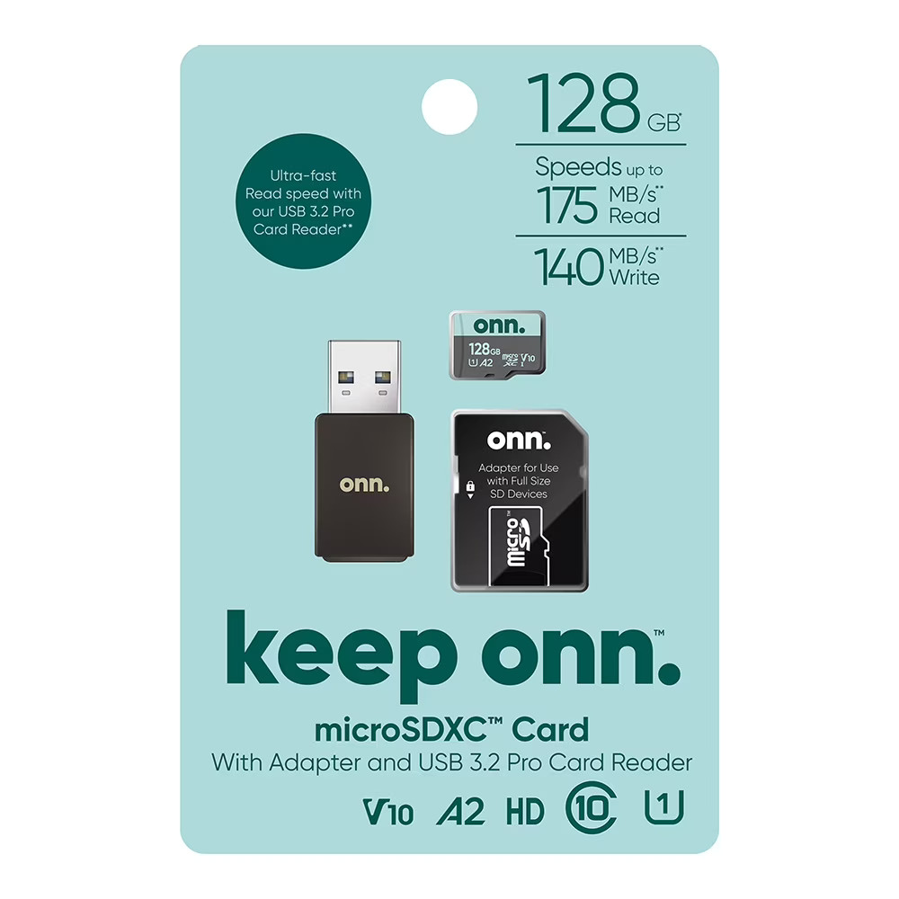 onn 128GB MicroSD Card Class 10 + Reader