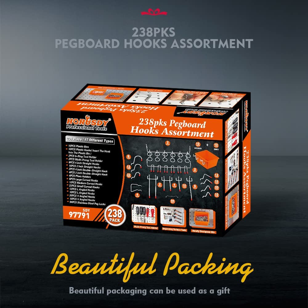 238 PCS Pegboard Hooks Assortment Kit – 16 Types Heavy Duty Pegboard Accessories