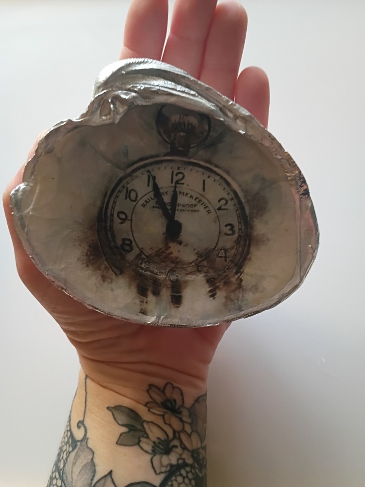 Large Clock Decoupaged Shell Jewelry Trinket Dish