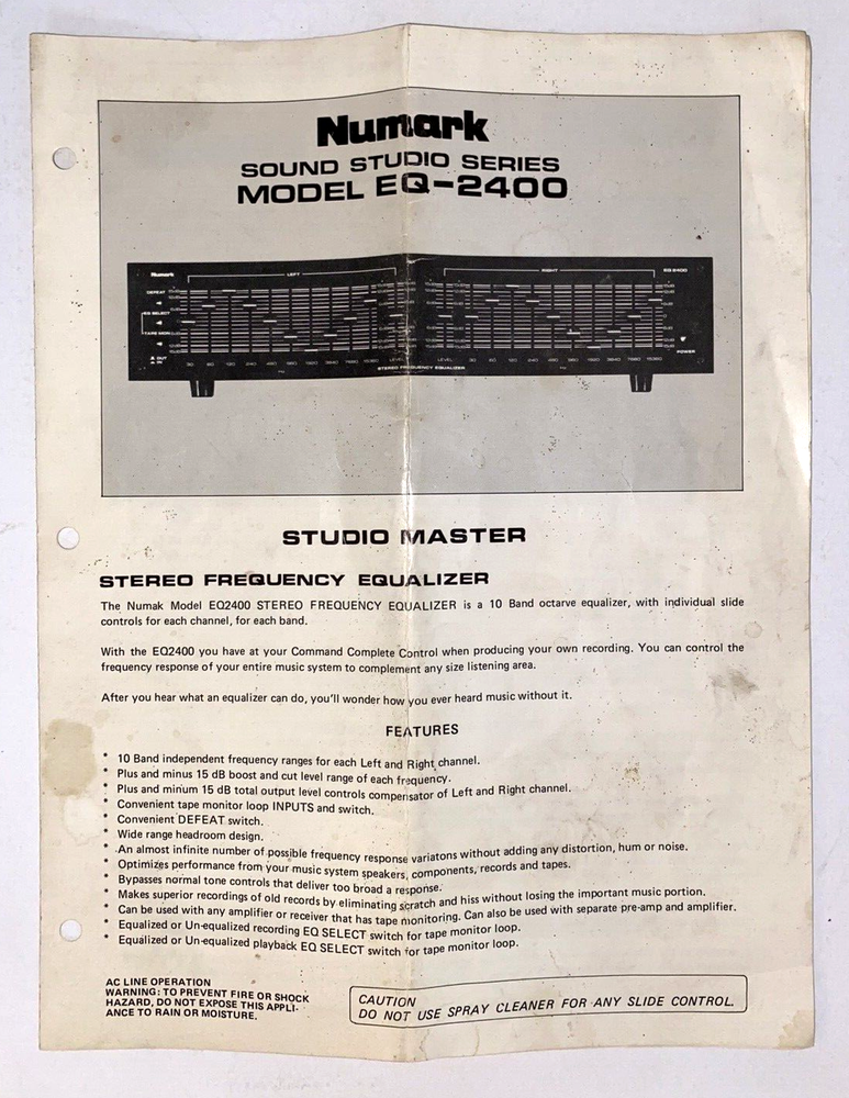 VINTAGE NUMARK STUDIO MASTER EQ-2400 10-BAND STEREO FREQUENCY EQUALIZER + MANUAL