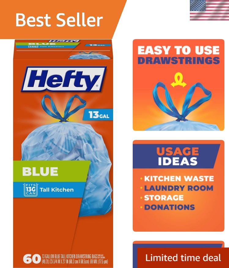 13 Gallon Blue Garbage Bags - 60 Count Unscented with Secure Drawstring Closure