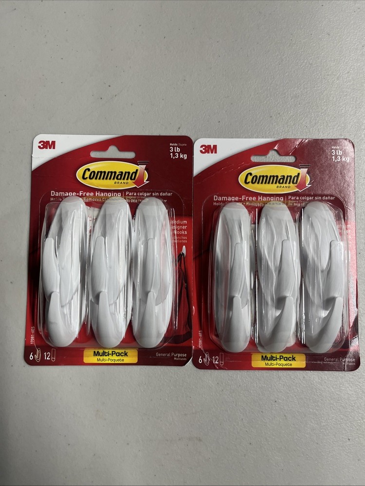 Command Medium Hooks Multi-Pack 6 Hooks 12 Strips White Damage-Free Hanging 2Pk